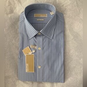 NWT Michael Kors Men's Washed Blue Non-Iron Gingham Dress Shirt, MSRP $98